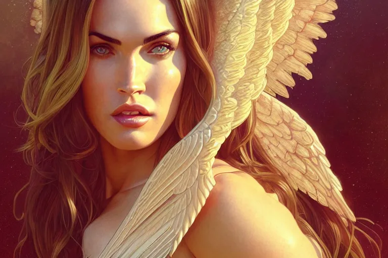 Image similar to portrait of megan fox as an blonde angel, wings, intricate, headshot, highly detailed, digital painting, artstation, concept art, sharp focus, cinematic lighting, illustration, art by artgerm and greg rutkowski, alphonse mucha, cgsociety