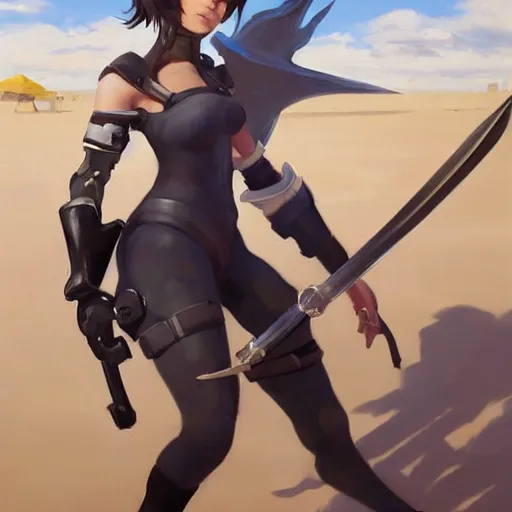 Image similar to greg manchess portrait painting of tracer from overwatch as 2 b nier automata on the beach holding a sword, organic painting, sunny day, matte painting, bold shapes, hard edges, street art, trending on artstation, by huang guangjian and gil elvgren and sachin teng