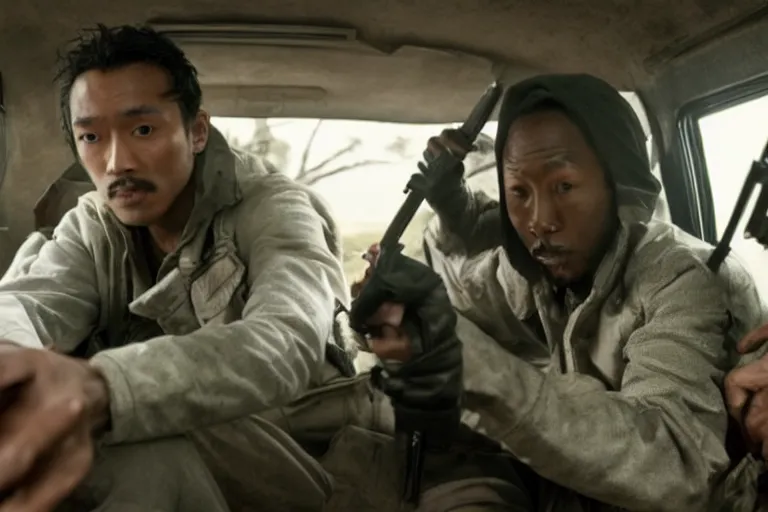 Image similar to movie diverse interracial team of Japanese robbers armed with rifles interior van, beautiful skin, Symmetrical faces. natural lighting by Emmanuel Lubezki