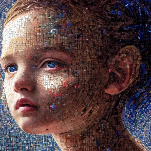 Image similar to mosaic portrait of a beautiful young girl with robot ears falling into the universe by greg rutkowski, 4k, intricate details, dichotomy