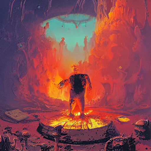 Prompt: peter griffin in hell by paul lehr and moebius