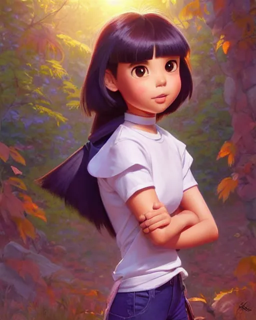 Image similar to real girl dora the explorer wearing her cloth made from leather, fine detail!! anime!! realistic shaded lighting!!, kim hyun joo, digital painting by ilya kuvshinov, magali villeneuve, artgerm, jeremy lipkin and michael garmash and rob rey