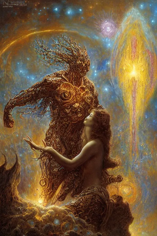 Prompt: a cosmic malevolent entity colliding with a earthly benevolent entity. art by gaston bussiere and tomacz alen kopera.