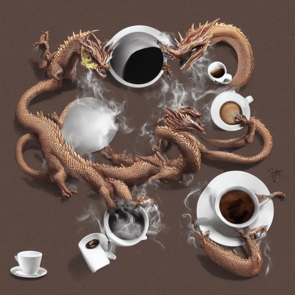 Image similar to Photorealistic dragon drinking coffee