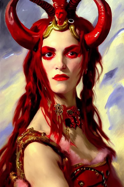 Image similar to painted close - up portrait of a attractive red - skinned intimidating demon girl with ram horns! oil painting, wearing a noblewoman's outfit, fantasy art by john singer sargent and gaston bussiere, and guillermo del toro, demon noble character design, hd