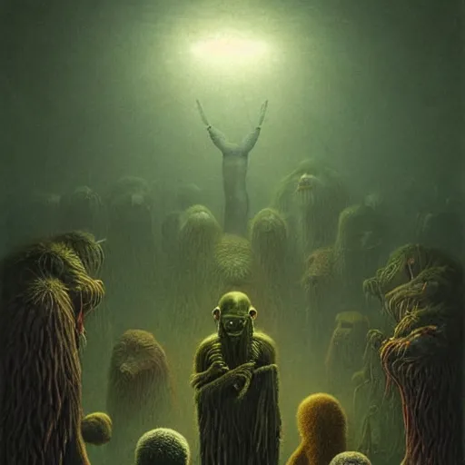 Prompt: a hyperrealistic painting of an alien god preaching to a congregation of small furry creatures in the middle of an alien jungle, bioluminescent plants, by john kenn mortensen and zdzislaw beksinski, highly detailed, vivid color,