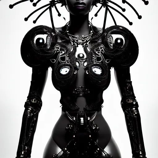 Image similar to portrait of an absurdly beautiful, graceful, sophisticated, fashionable black cyberpunk mechanoid gravure idol, hyperdetailed illustration by irakli nadar, maria borges, matt wisniewski style, intricate linework, dark black skin, neon jellyfish headdress, ivory carved ruff, unreal engine 5 highly rendered, global illumination, radiant light, detailed and intricate environment