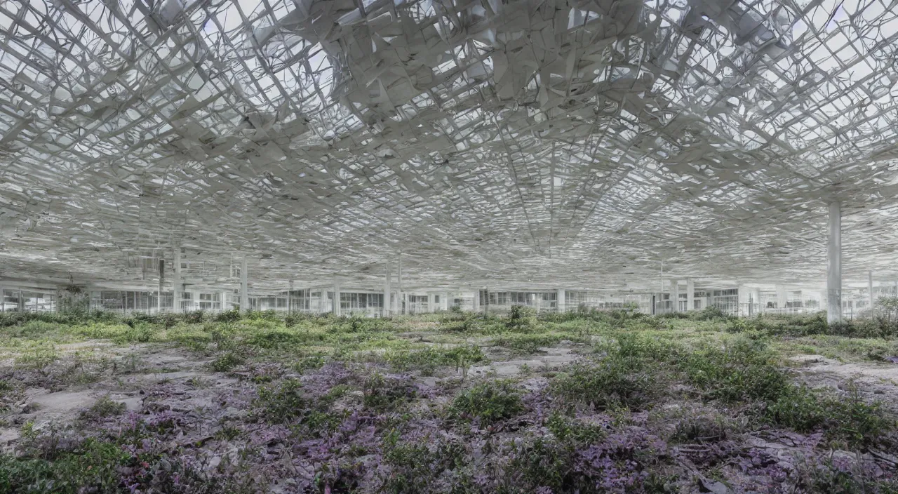 Prompt: Inside of a huge sprawling abandoned hi-tech building made of white concrete, overgrown by purple plants and lit by sunlight during sunset. Beautiful lighting, highly detailed 35mm photograph,