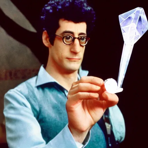 Prompt: Egon Spengler holding a quartz crystal.