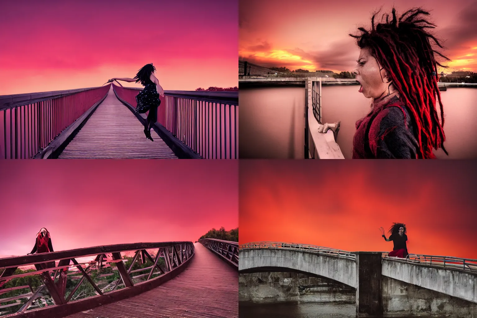 Prompt: woman on a bridge shrieking with dread, blood red sky in the background, 4K photo