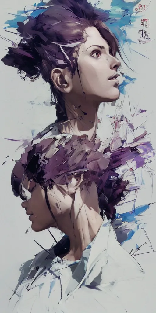 Image similar to a beautiful side portrait painting of an angelical nurse. she has a purple cross in her forehead. looks like an angel. art by yoji shinkawa and sandra chevrier, trending on artstation, award - winning, perfect composition.