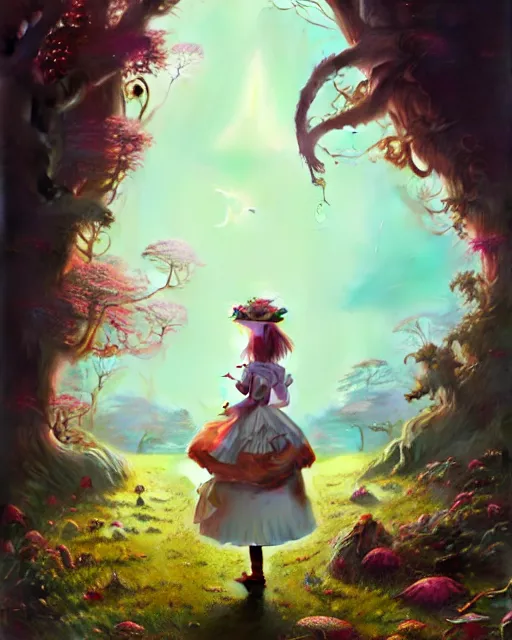 Prompt: highly detailed surreal vfx portrait of a alice in a wonderland, stephen bliss, unreal engine, greg rutkowski, loish, rhads, beeple, makoto shinkai and lois van baarle, ilya kuvshinov, rossdraws, tom bagshaw, alphonse mucha, global illumination, detailed and intricate environment