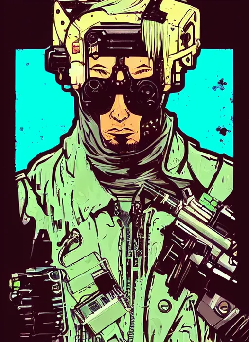 Prompt: hector. cyberpunk mercenary. portrait illustration, pop art, splash painting, art by ashley wood, alphonse mucha, laurie greasley and josan gonzales