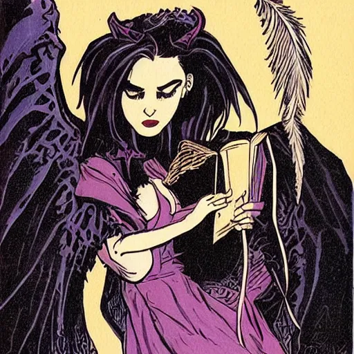 Prompt: youthful modest sad jennifer connelly as gothic dark fae disney villain with black feathers instead of hair, feathers growing out of skin, reading in library, pulp sci fi, mike mignola, david mack, romantic, comic book cover, vivid, beautiful, illustration, highly detailed