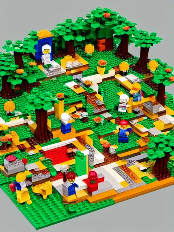 Prompt: miniature isometric lego diorama of fruit forest