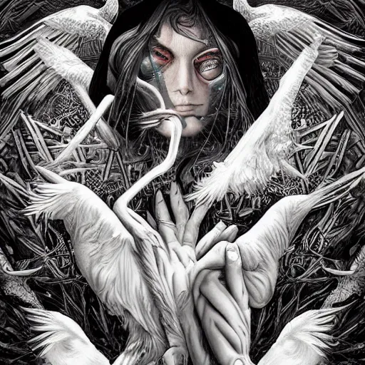 Image similar to white crow bringing rabbit leg to a occult witch by Android Jones and M. C. Escher collaboration, futurist, digital art, dramatic lighting