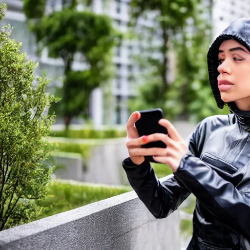 Image similar to candid photographic portrait of a poor techwear mixed young woman using a phone inside a dystopian city, closeup, beautiful garden terraces in the background, sigma 85mm f/1.4, 4k, depth of field, high resolution, 4k, 8k, hd, full color