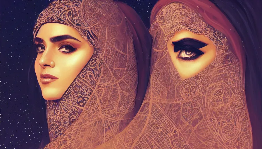 Image similar to Portrait of very very very very very very beautiful Arab woman wearing a Niqab, under giant full moon in the desert, intricate, glowing magical eyes, energy trails, elegant, highly detailed, digital painting, artstation, concept art, smooth, sharp focus, illustration, art by artgerm and greg rutkowski and alphonse mucha