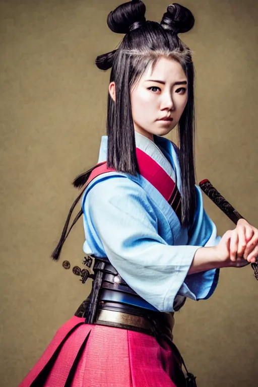 Image similar to highly detailed beautiful photo of a young female samurai, practising sword stances, symmetrical face, beautiful eyes, realistic anime art style, 8 k, award winning photo, pastels, action photography, 1 / 1 2 5 shutter speed, dramatic lighting