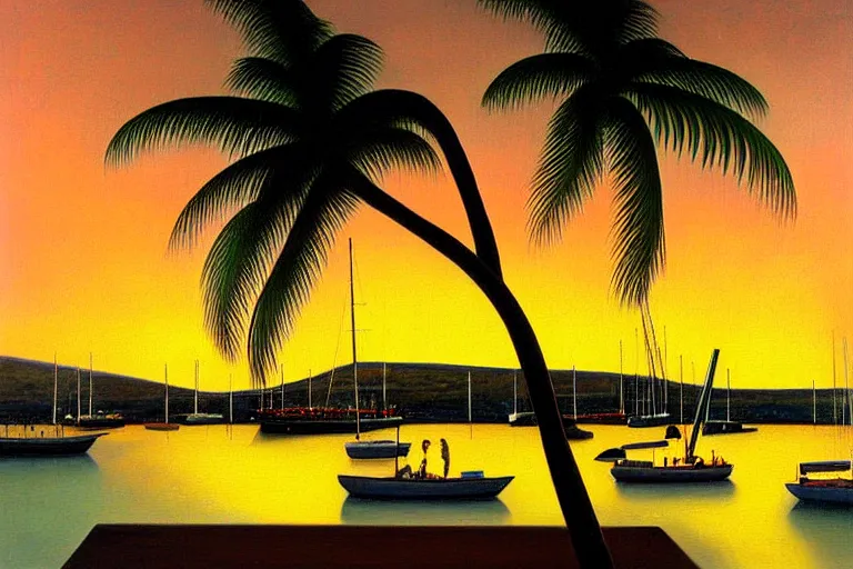 Image similar to Lahaina Maui harbor, sunset with palms, by Botero, oil painting