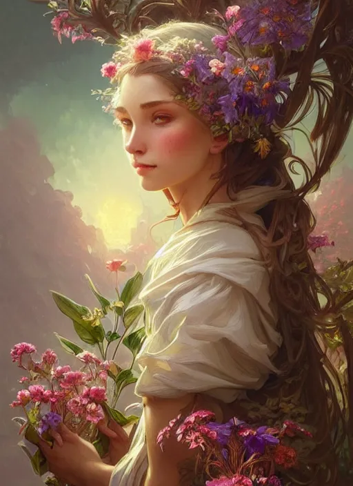 Image similar to a beautiful bouquet of wild flowers, deep focus, d & d, fantasy, intricate, elegant, highly detailed, digital painting, artstation, concept art, matte, sharp focus, illustration, hearthstone, art by artgerm and greg rutkowski and alphonse mucha