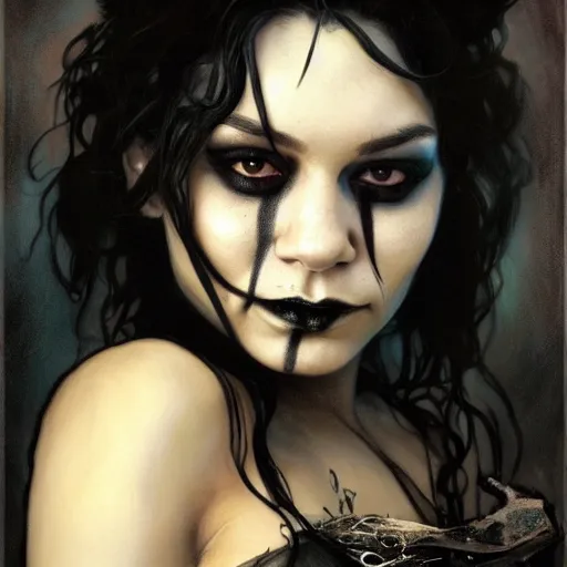 Image similar to beautiful portrait of vanessa hudgens as death from sandman, smiling, by cedric peyravernay, alphonse mucha, by jeremy mann, by lecouffe deharme, goth chic, soft lightning, eyeliner, punk rock, high detailed, 8 k