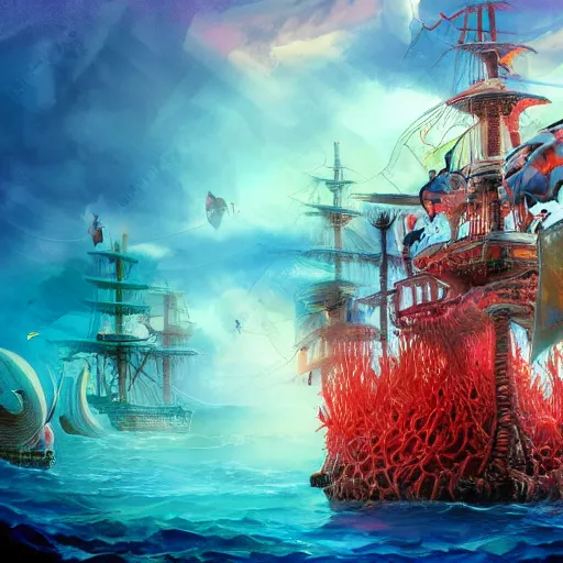 Image similar to pirate ship made of sea coral, beautiful composition, wide angle, colorful, cinematic, volumetric lighting, intricate details painting