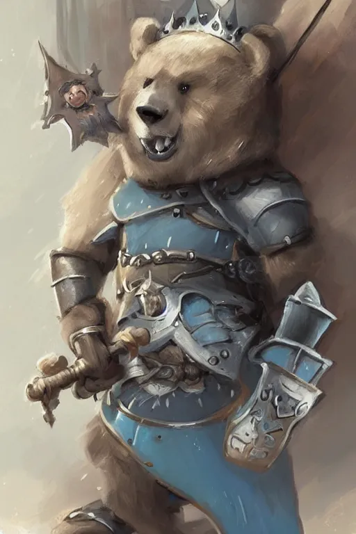 Image similar to cute little anthropomorphic bear knight wearing a cape and a crown, tiny, small, miniature bear, baby animal, short, pale blue armor, cute and adorable, pretty, beautiful, DnD character art portrait, matte fantasy painting, DeviantArt Artstation, by Jason Felix by Steve Argyle by Tyler Jacobson by Peter Mohrbacher, cinematic lighting