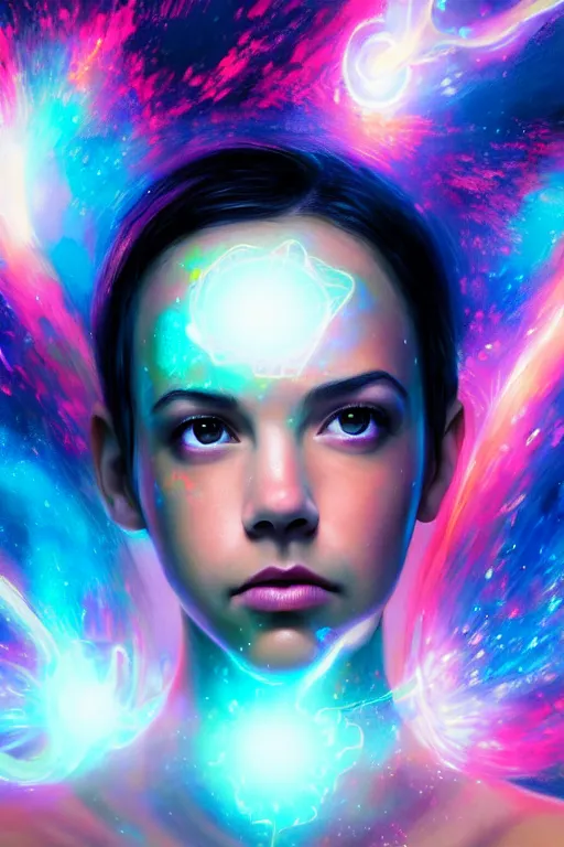 Image similar to a photorealistic painting of an attractive young girl, clothed in ethereal forcefields, surrounded by colorful transparent plasma, emitting psychic powers, beautiful bone structure, perfectly symmetrical face, perfect eyes, intricate, elegant, ultra-detailed, digital painting, concept art, illustration, sharp focus, minimal artifacts, volumetric lighting, from Valerian and the City of a Thousand Planets, in the style of Artgerm and Loish, fantasy scene, fantasy aesthetic, trending on Artstation and Tumblr, award winning