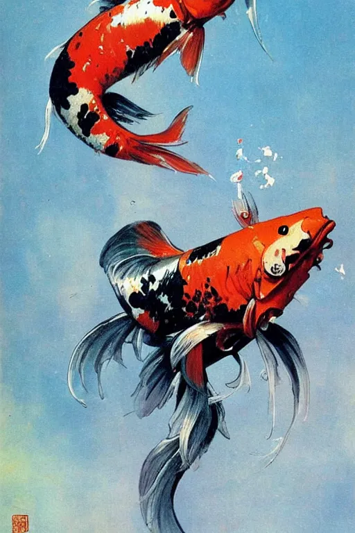 Image similar to a koi fish fighter robot by Frank Frazetta