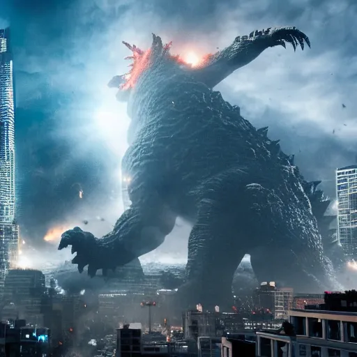 Image similar to giant white man fighting Godzilla in the city, 4k