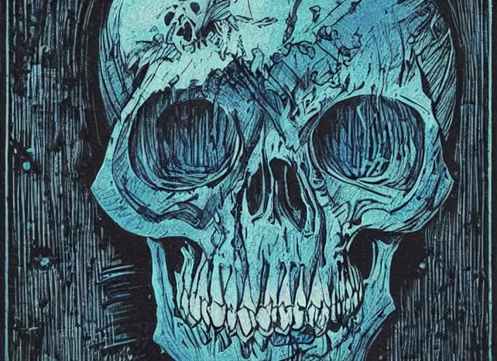 Image similar to blue woodcut print, cartoon halloween skull in graveyard at midnight by greg rutkowski, fine details, highly detailed