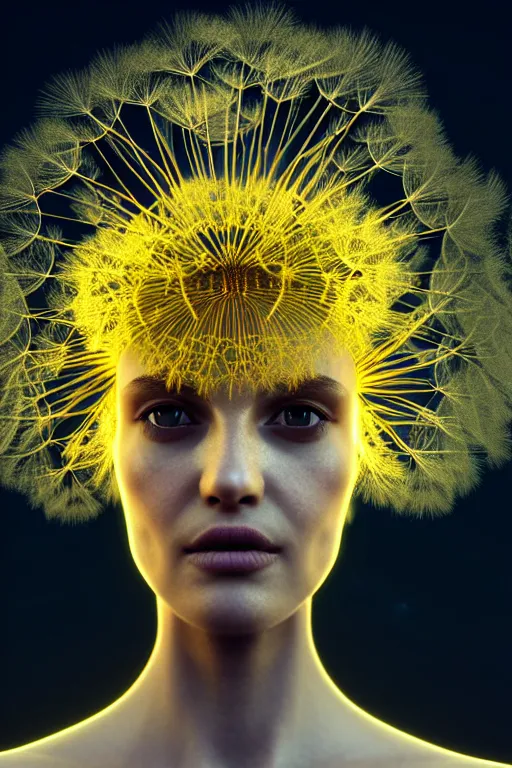 Image similar to intricate hyper detailed ultra sharp 3 d render of profile portrait, dark witch, leaves stems, unsplash model transparent fractal dandelion, moon in the background, yellow pistil filigree roots, intricate details, human face, facial features, elegant, hyper realistic, ultra detailed, octane render, volumetric cinematic lighting, 8 k post - production