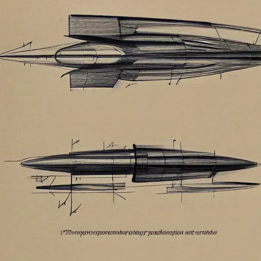 Prompt: Diagram of a spaceship, exploded view, marginalia, schematic