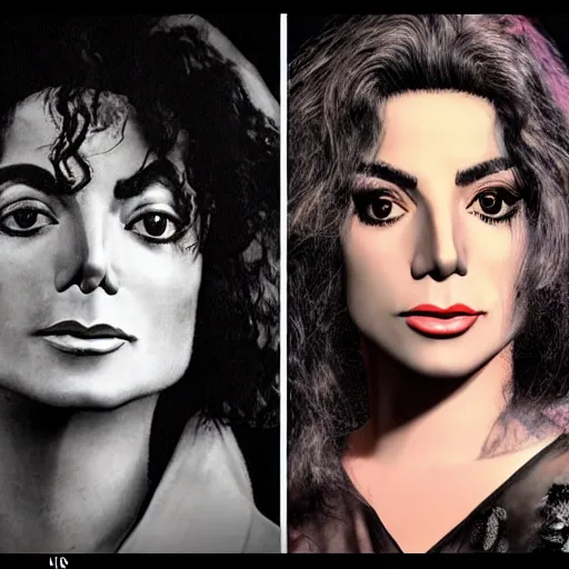 Prompt: detailed 4 k photorealistic michael jackson meet young lady gaga in the style of nick ut and eddie adams and margaret bourke and yousuf karshs and alfred eisenstaedt