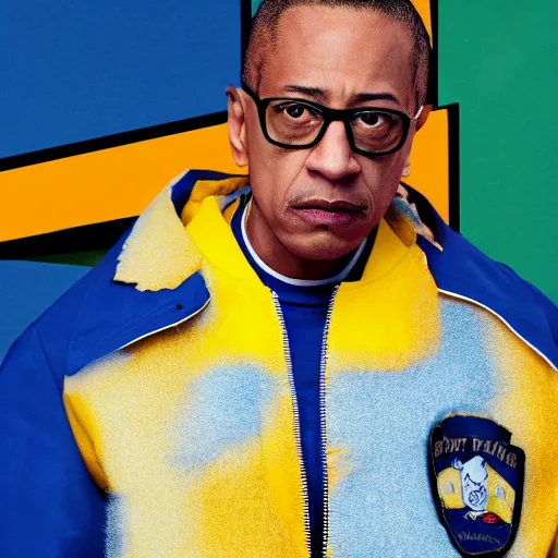 Image similar to gus fring in a royal blue riverdale varsity jacket with yellow sleeves, still from breaking bad