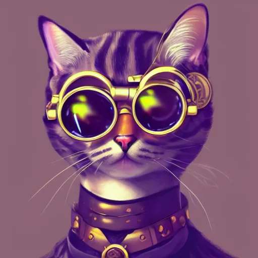 Prompt: a profile picture of a cat with steampunk googles, by ROSS tran, 4k, pastel color