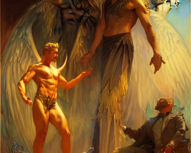 Image similar to attractive lucifer morningstar casting illusion over attractive mortal man. highly detailed painting by gaston bussiere, craig mullins, j. c. leyendecker 8 k