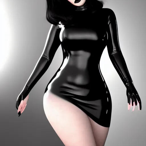 Image similar to a feminine curvy pale hot goth cutie wearing an elegant tight latex dress, cgsociety, photorealistic, sublime-cool-hyperadvanced-dark-amorous ambience, 16k, smooth, sharp focus, trending on ArtStation, volumetric lighting, fully clothed, thin waist