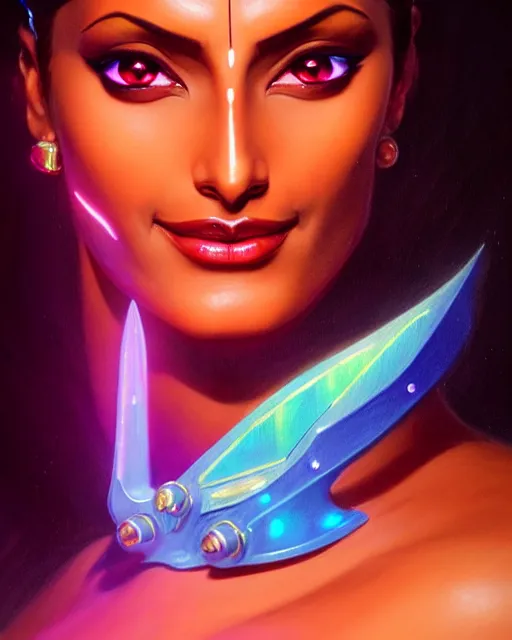 Image similar to symmetra from overwatch, bust, fantasy, fantasy art, fantasy, colorful, elegant, character portrait, portrait, close up, highly detailed, intricate detail, amazing detail, sharp focus, vintage fantasy art, vintage sci - fi art, radiant light, caustics, by boris vallejo