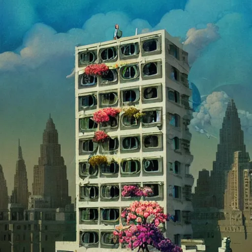 Image similar to a painting of a building surrounded by flowers, a watercolor and matte painting by Beeple and RHADS and maxfield parrish, cgsociety, brutalism, dystopian art, sci-fi, artstation hq