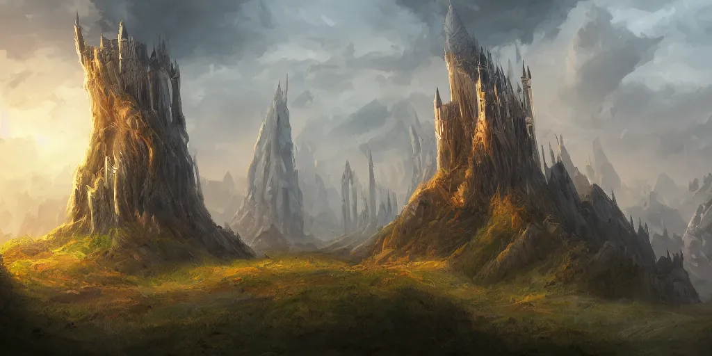 Image similar to The great wizards tower, painted landscape, artstation, digital art