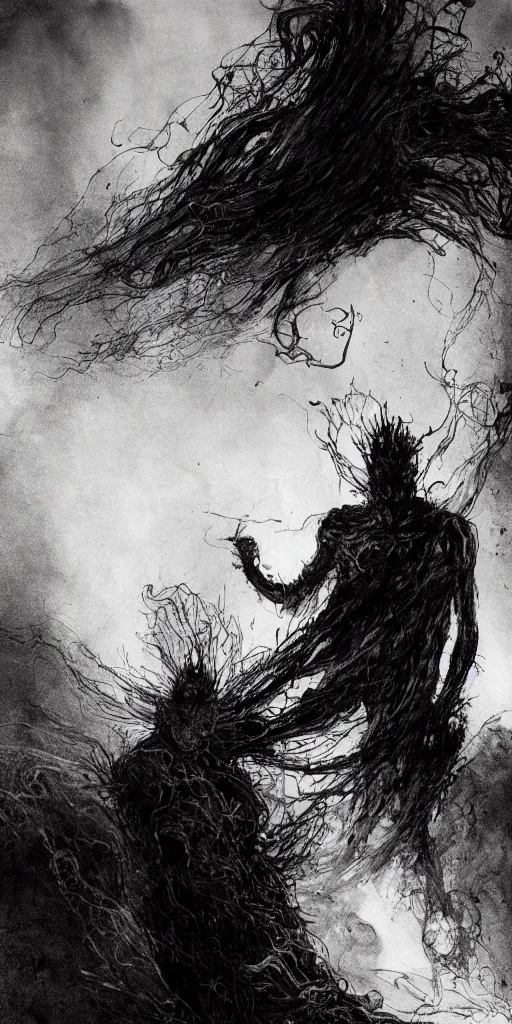 Image similar to concept art of only one man with his body covered in burns, with black smoke coming out of his hands, full body, dark colors, sinister atmosphere, dramatic lighting, cinematic, establishing shot, extremely high detail, photo realistic, cinematic lighting, pen and ink, intricate line drawings, by Yoshitaka Amano, Ruan Jia, Kentaro Miura, Artgerm, post processed, concept art, artstation, matte painting, style by eddie mendoza, raphael lacoste, alex ross,