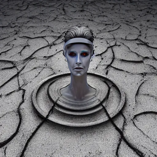 Image similar to the head of a marble cybernetic lady justice statue wearing a virtual reality headset on ground covered in sand, cyberpunk background, highly detailed, epic lighting, hyper photorealism, 8 k