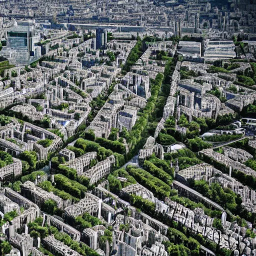 Image similar to an aerial shot of a post - apocalyptical paris overtaken by vegetation