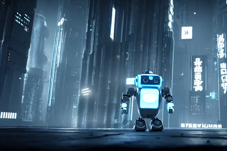 Prompt: a cute little robot in at cyberpunk city. super realistic 8 k render of a elegant, cinematic composition, black and white