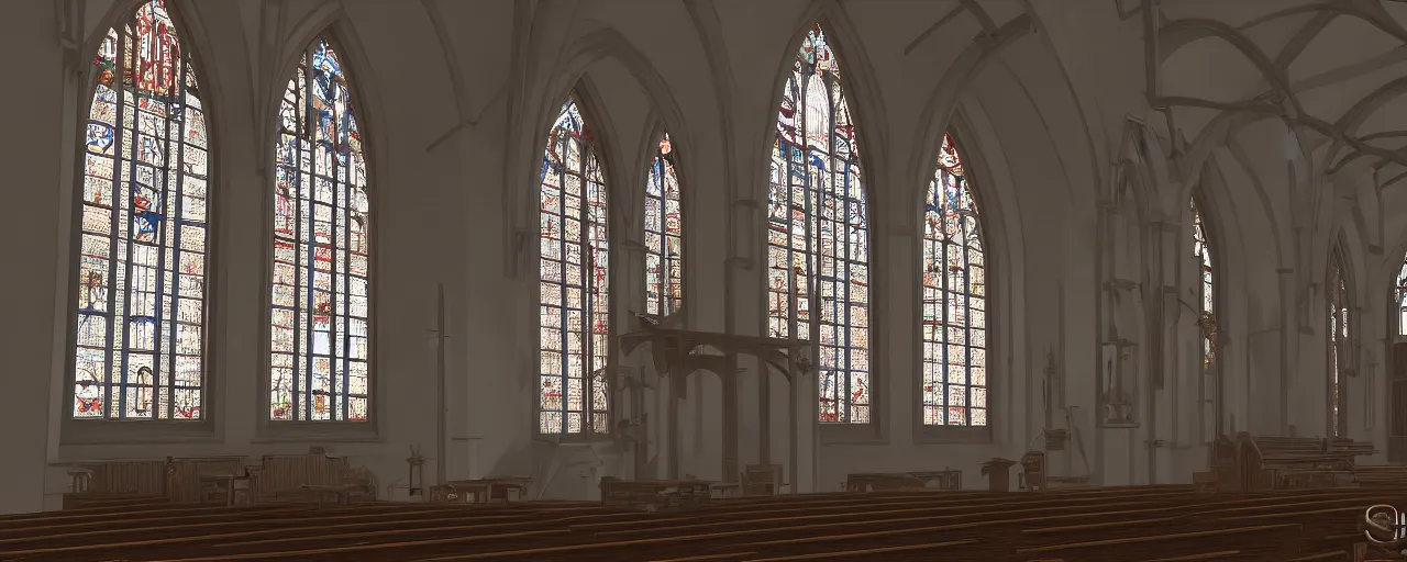 Prompt: a church with stained windows where old me come to pray, atmospheric, mist, epic, photorealistic, realistic, rule of thirds, extremely detailed, 4 k, 8 k, unreal engine 5 render, rim lighting, rtx, ray traced lighting, shot on 3 5 mm, film grain