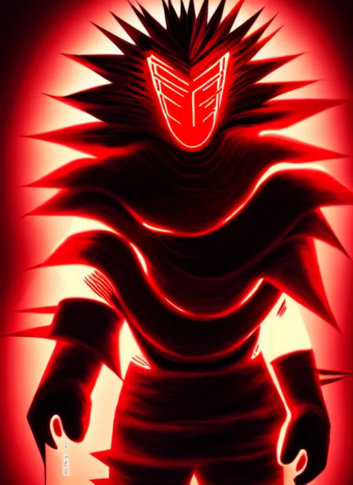 Image similar to a striking cinematic full body manga portrait of a long black haired masked male teenager wearing imposing red jagged spiked plate armour and glowing with raging powerful red energy by hirohiko araki and beeple, fine details, digital art, character concept art, volumetric lighting, cinematic light, photorealistic