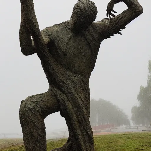 Image similar to The sculpture shows a man caught in a storm, buffeted by wind and rain. He clings to a tree for support, but the tree is bent nearly double by the force of the storm. The man's clothing is soaked through and his hair is plastered to his head. His face is contorted with fear and effort. by Brian Sum harrowing