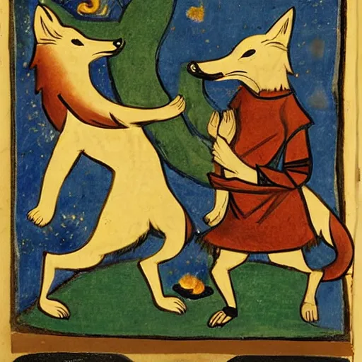 Image similar to anthropomorphic fox dueling with a wolf, illuminated manuscript